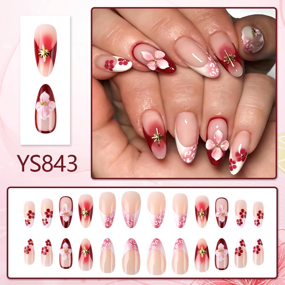Cherry Blossom Embossed Gold-Plated 3D Press-On Gel Nails - 24 Pieces