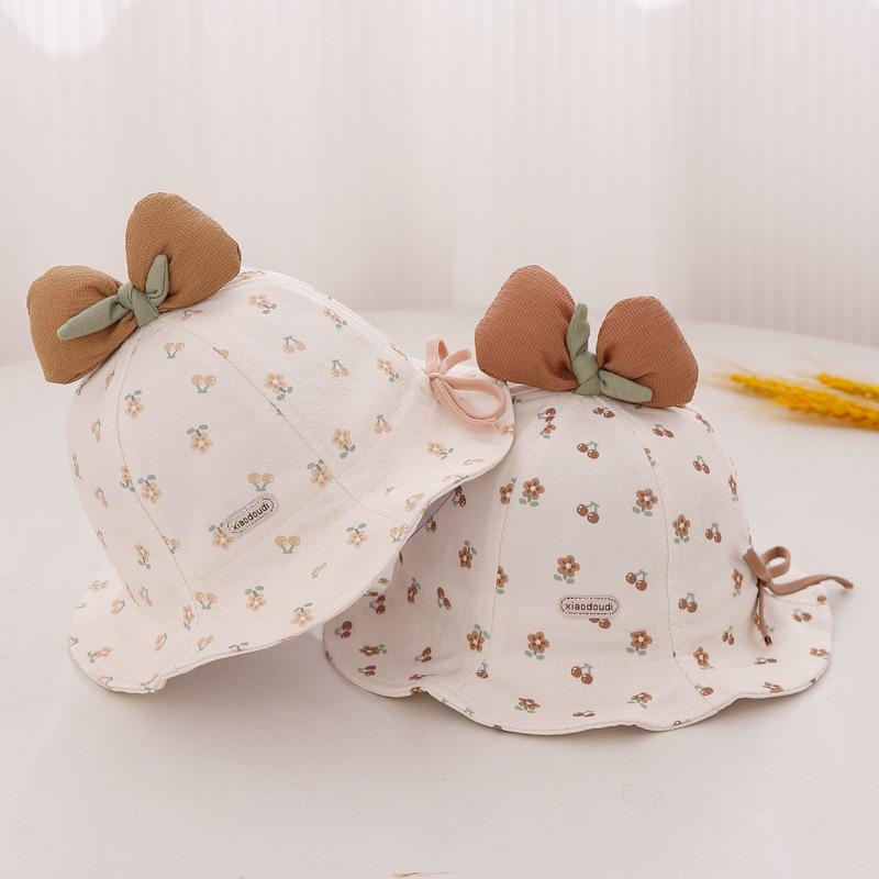 Cute Bow Baby Girl Bucket Hat Sweet Flower Cherry Print Cotton Newborn Infant Fisherman Cap Drawstring Adjustable Toddler Sun Hats