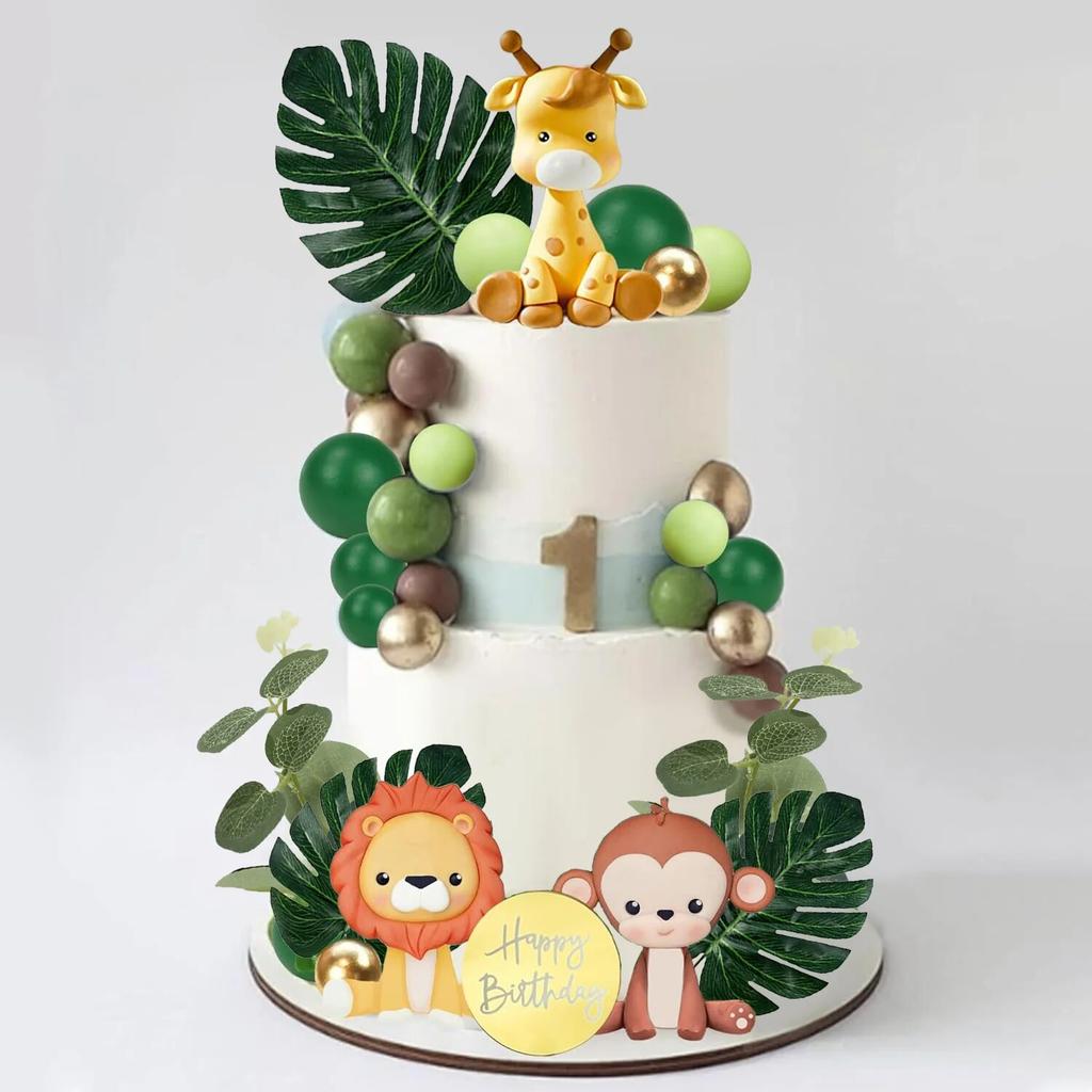Dschungel Safari Tier Kuchen Topper mit bunten Kugeln Palmblätter Kuchen Dekoration für Mädchen Jungen Wildes Thema Geburtstagsparty Baby