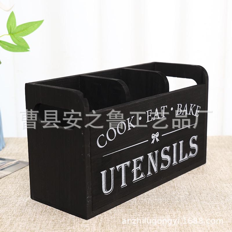 Solid Wood Retro Kitchen Sundries Storage Box with Compartments for Cutlery