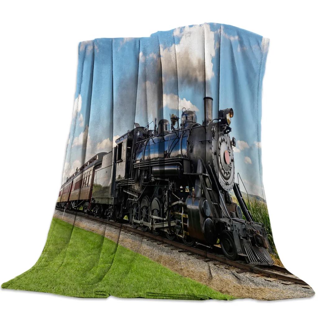 Flannel Blankets The Steam Age Of Old Trains Blanket Cushion Warm Throws on Sofa Bed Home Bedspread Travel Fleece Blanket Queen