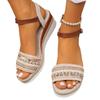New Slope Heel Platform Sandals Straw Rhinestone Flash Simple and Comfortable Fashion Buckle High Heels