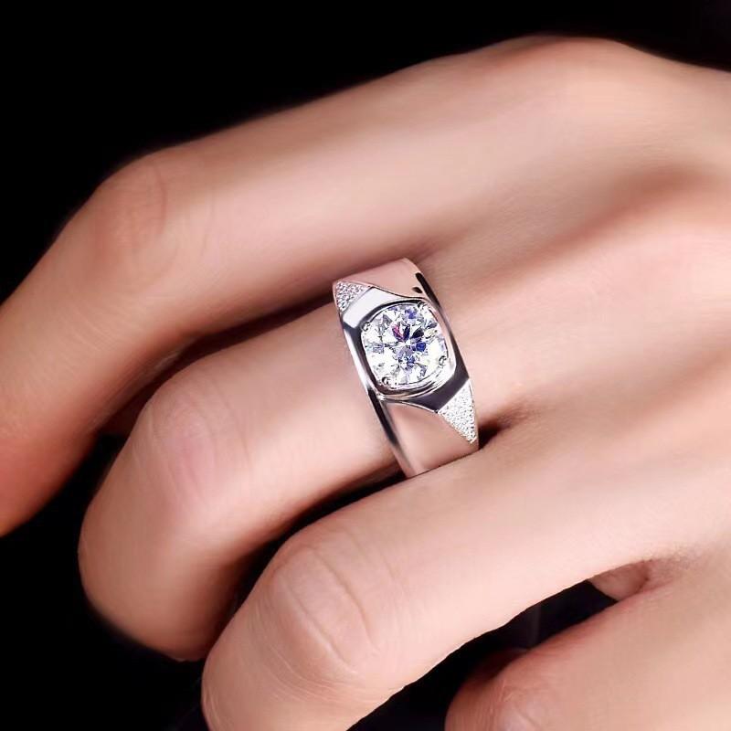 Mens Adjustable Open Ring With 2ct Simulated Moissanite White Gold Plated Geometric Design Business Casual Wear
