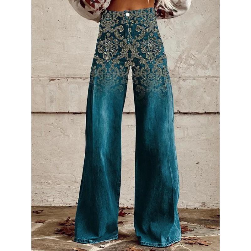 Dame Løstsiddende Bomuld Wide Leg Bukser Med 3D Digital Print Streetwear Stil Afslappede Bukser