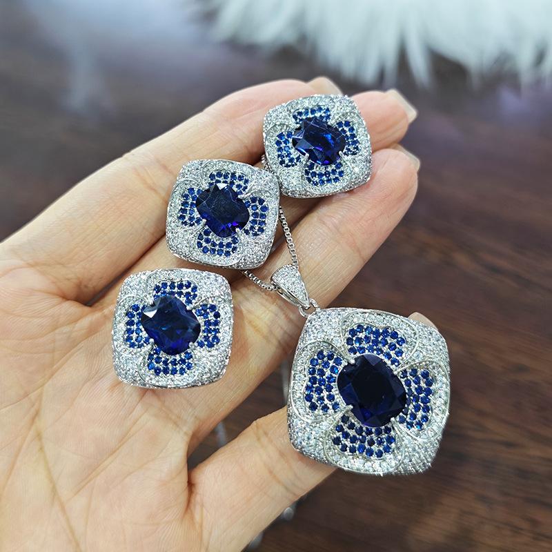 2026 Sapphire Square Ring Set Luxury Full Diamond Inlaid Exaggerated Premium Necklace Stud Earrings 45CM