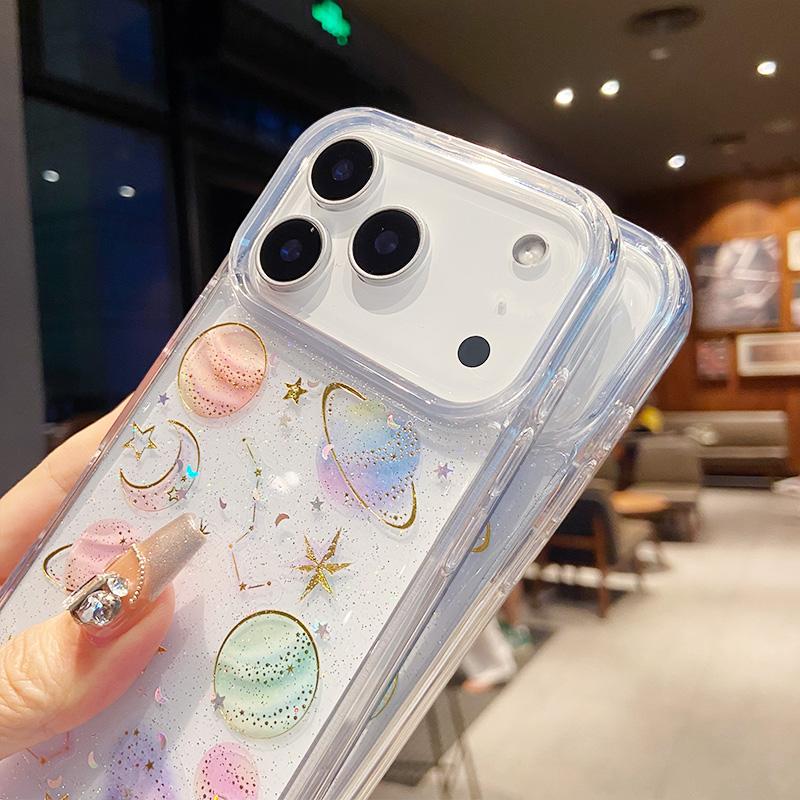 Luxury Glitter Sequins Planet Clear Phone Case for IPhone 17 Air 16 15 14 13 12 Pro Max Transparent Epoxy Silicone Cover Capa