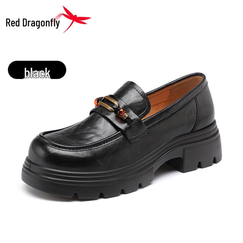 Red Dragonfly Women s Spring Loafers 2026 - British Style Leather Shoes with Thick Chunky High Heel Size 37 чёрный