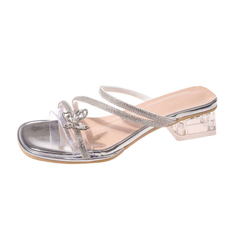 Fairy Wind Bow Rhinestone Temperament High Heel Crystal Sandals Women's Summer Wear 2025 New French Thick Heel Slippers