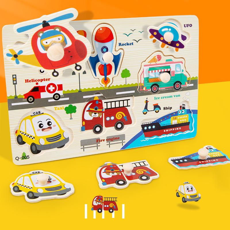 Baby Montessori Wooden Puzzle Hand Grab Board Toys Educational Alphabet Shape Puzzles for Kids Cartoon Animal Vehicle Child Gift