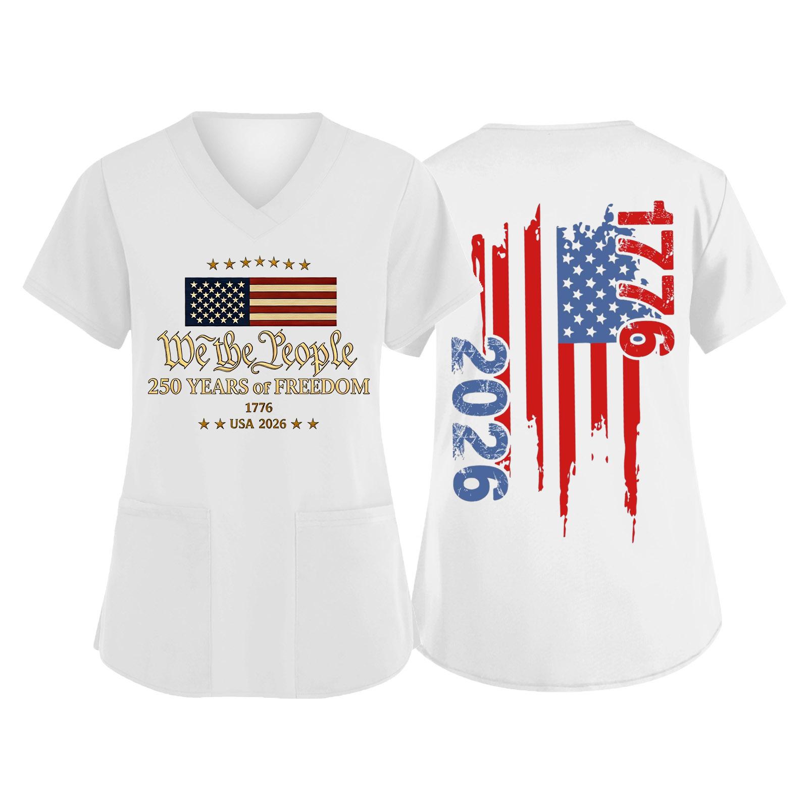 

V Neck Short Sleeve Scrub Top with Printed Flag and Year Graphic for Women Men Uniform XL білий