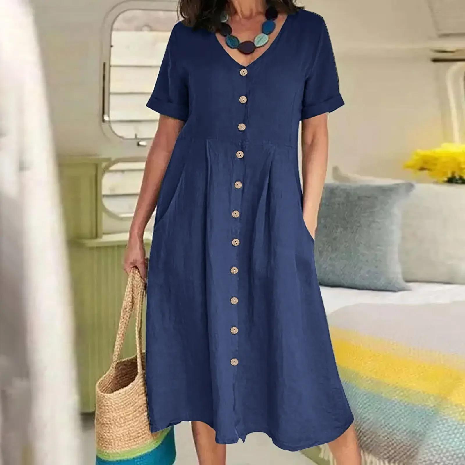 

Spring/Summer New Cotton and Hemp Dress V-neck Fashion Short Sleeved Single Breasted Elegant Loose High Waist Pleated Dress 5XL темно-синього кольору