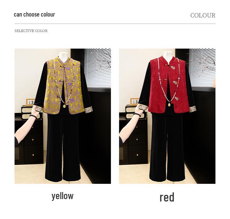 Spring 2026 Jacquard Vest, Long Sleeve Shirt & Wide-Leg Pants Set for Middle-Aged Women