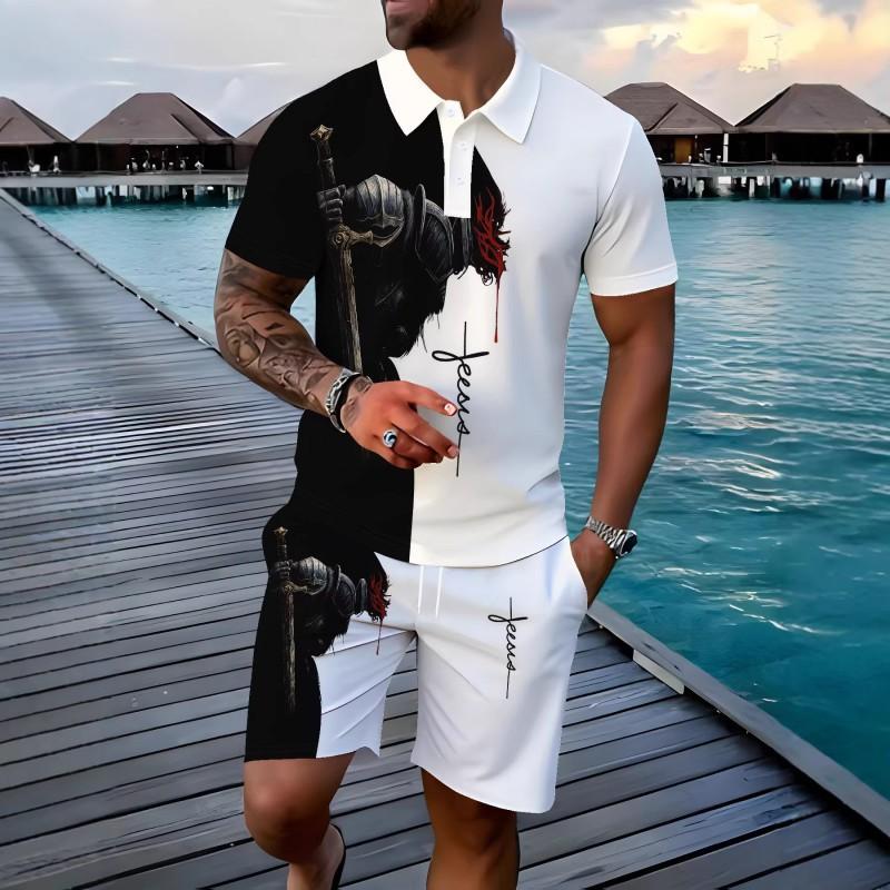 Mens Casual Loose Fit Polo Shirt With 3D Digital Print Short Sleeve Asymmetrical Design Wear