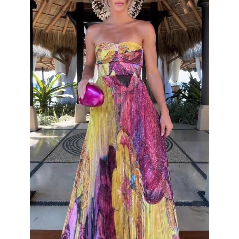 Europäisches und amerikanisches Damen-Spaghettiträgerkleid mit Print, plissiert, ärmellos, schwingend (Plus Size Style 8162)
