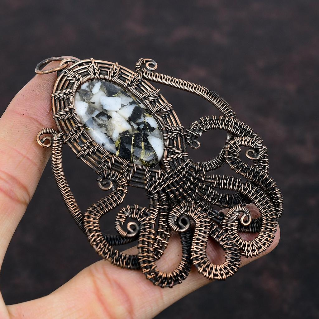 Copper Black & White Turquoise Pendant Copper Wire Wrapped Pendant Gemstone Copper Jewelry Handmade Octopus Pendant Elegant Pendant For Gift