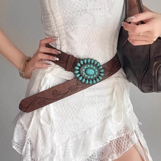 Western Belt with Retro Turquoise Buckle Retro Flower Pattern Faux Leather Women Cool Belt Outfit Accessory