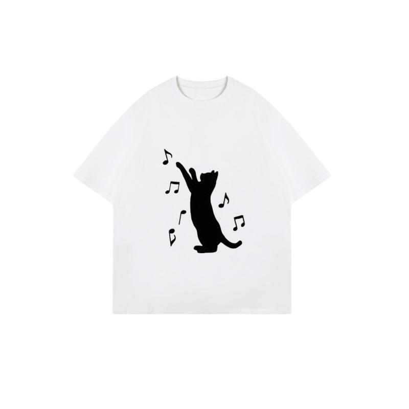 Black Oversized T Shirt With Cat And Music Notes Print For Casual Wear