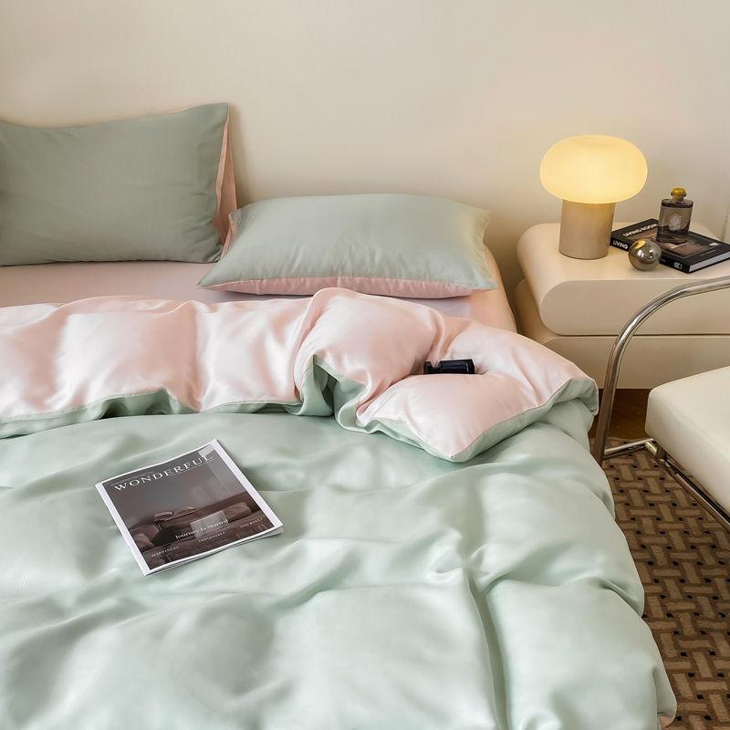 Summer Bedding Set Luxury Ice Silk Four Piece Set, Washed Silk Bed Sheet and Quilt Cover Set Summer Cool Feeling Soft Smooth