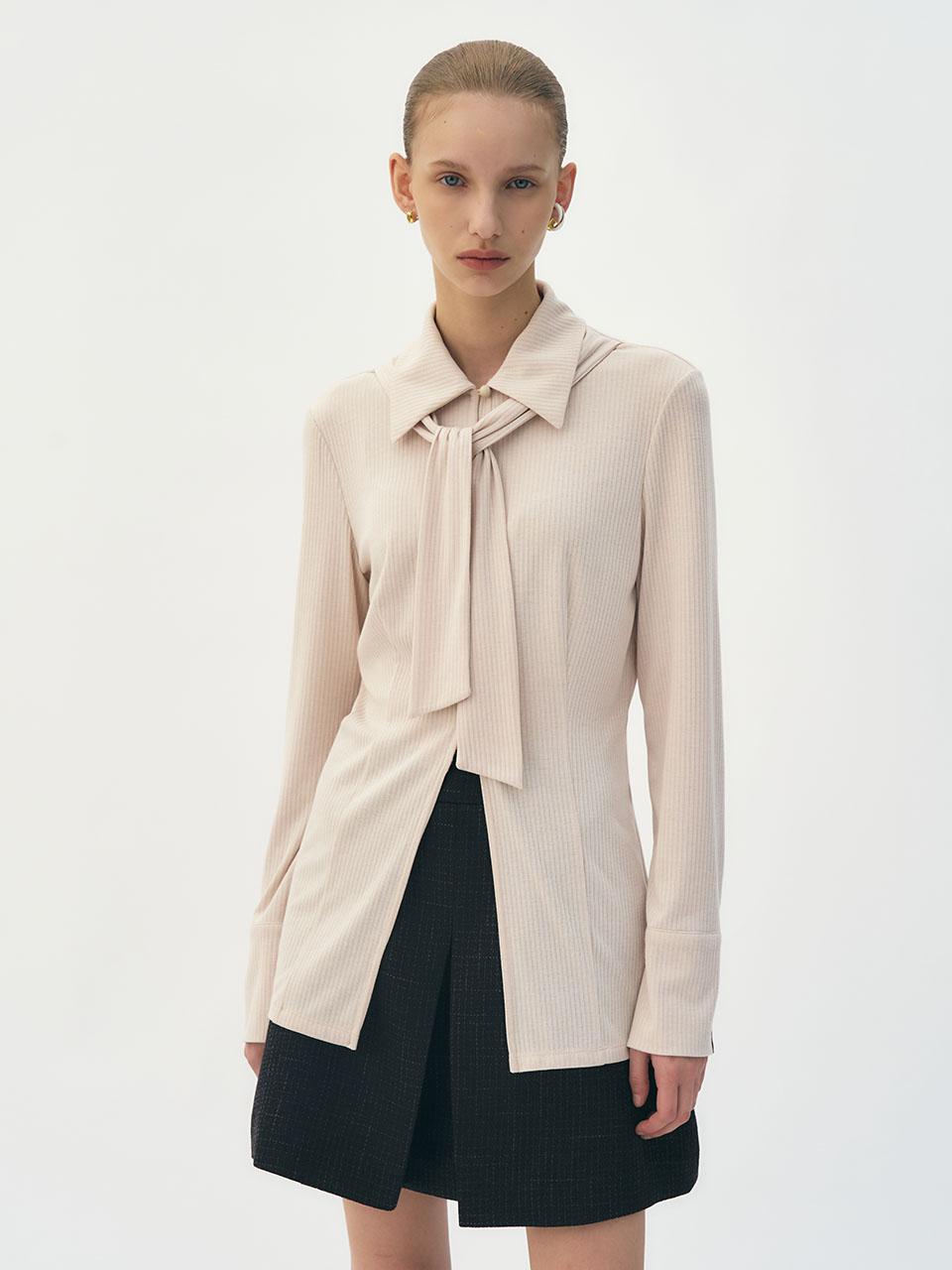 Ed Mang Scarf Tie Neck Jersey Blouse (Ivory) 1