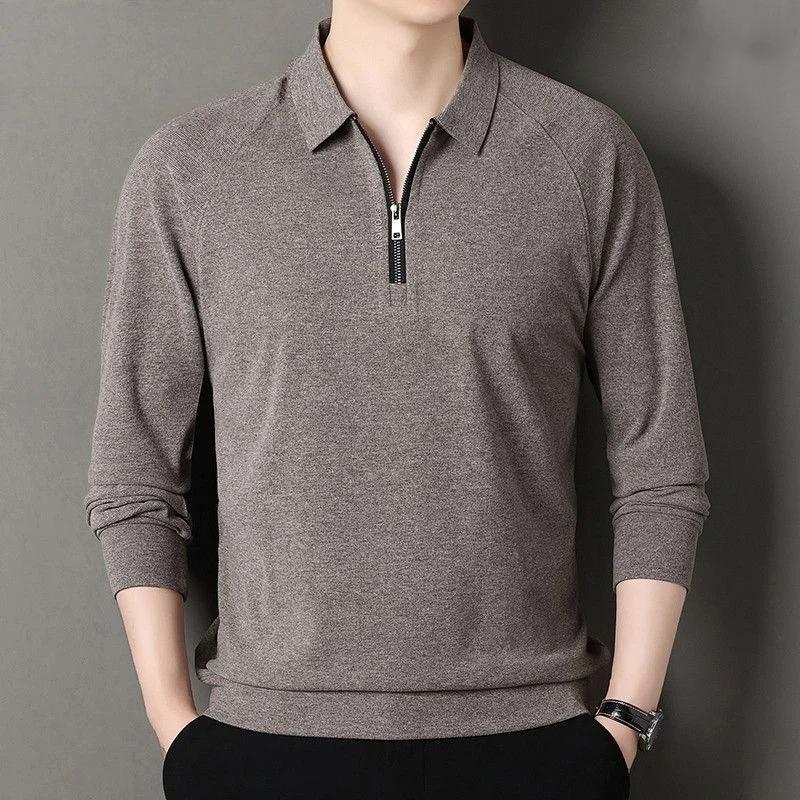 Spring Autumn Casual Men's Lapel Half-zip Long-sleeved T-shirt Business Polo Shirt Loose Autumn Knitted Sweater