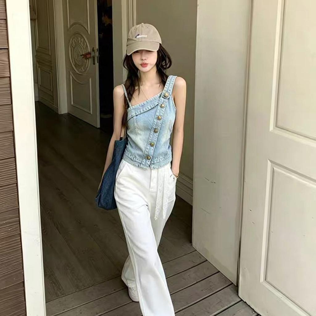 Summer New Sweet and Spicy Denim Sling Vest Female Slim and Thin Asymmetrical Design Temperament Top