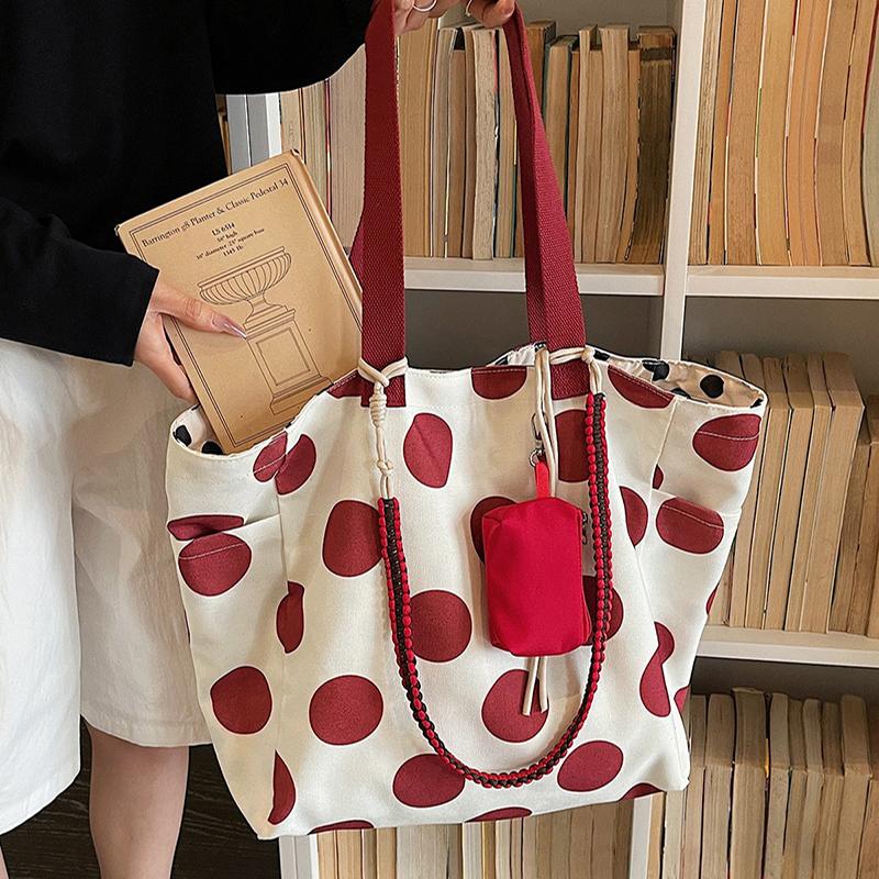 Large Capacity Polka Dot Tote Bag Korean Lazy Style Canvas Shoulder Bag Lightweight Stylish Shopping Handbag Casual Commuter Bag
