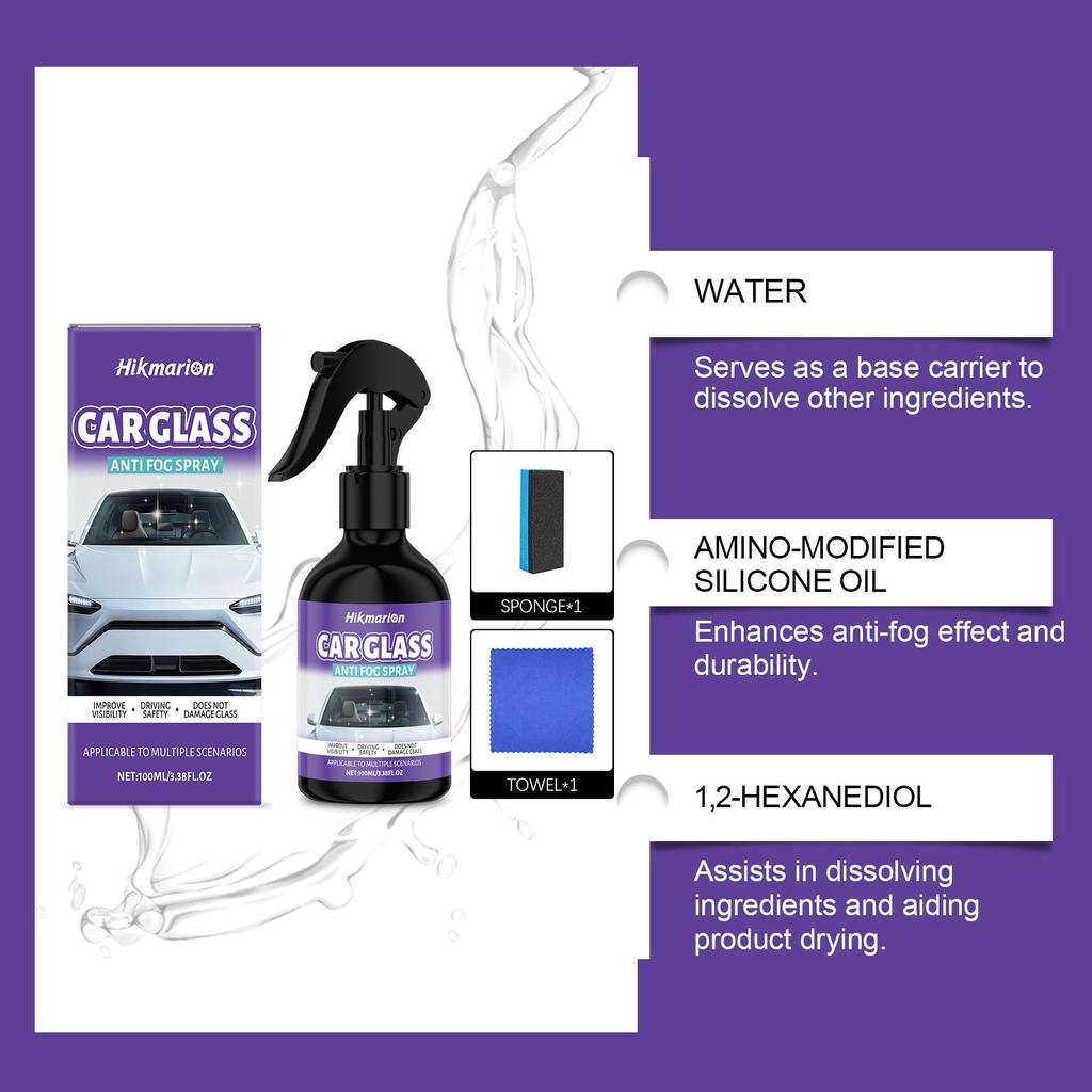 Hikmarion Car Glass Anti-fog Agent Waterproof Rainproof Anit-fog Spray for Front Window Glass Anti Mist (150ml+sponge + Towel)