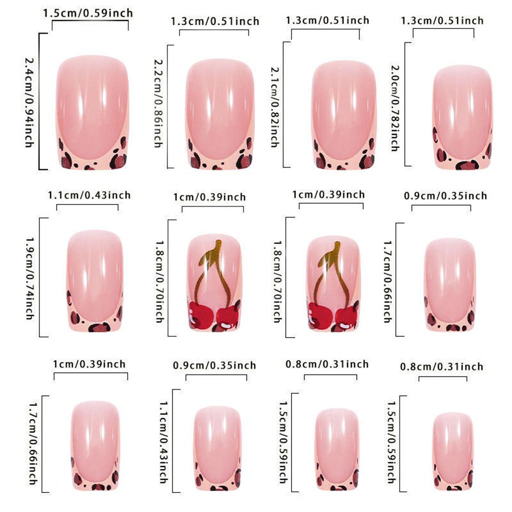 24x Leopard Print False Nail Fruit Artificial Nail French Tip Full Cover Stick On Nail Glossy Press On Nail for Woman