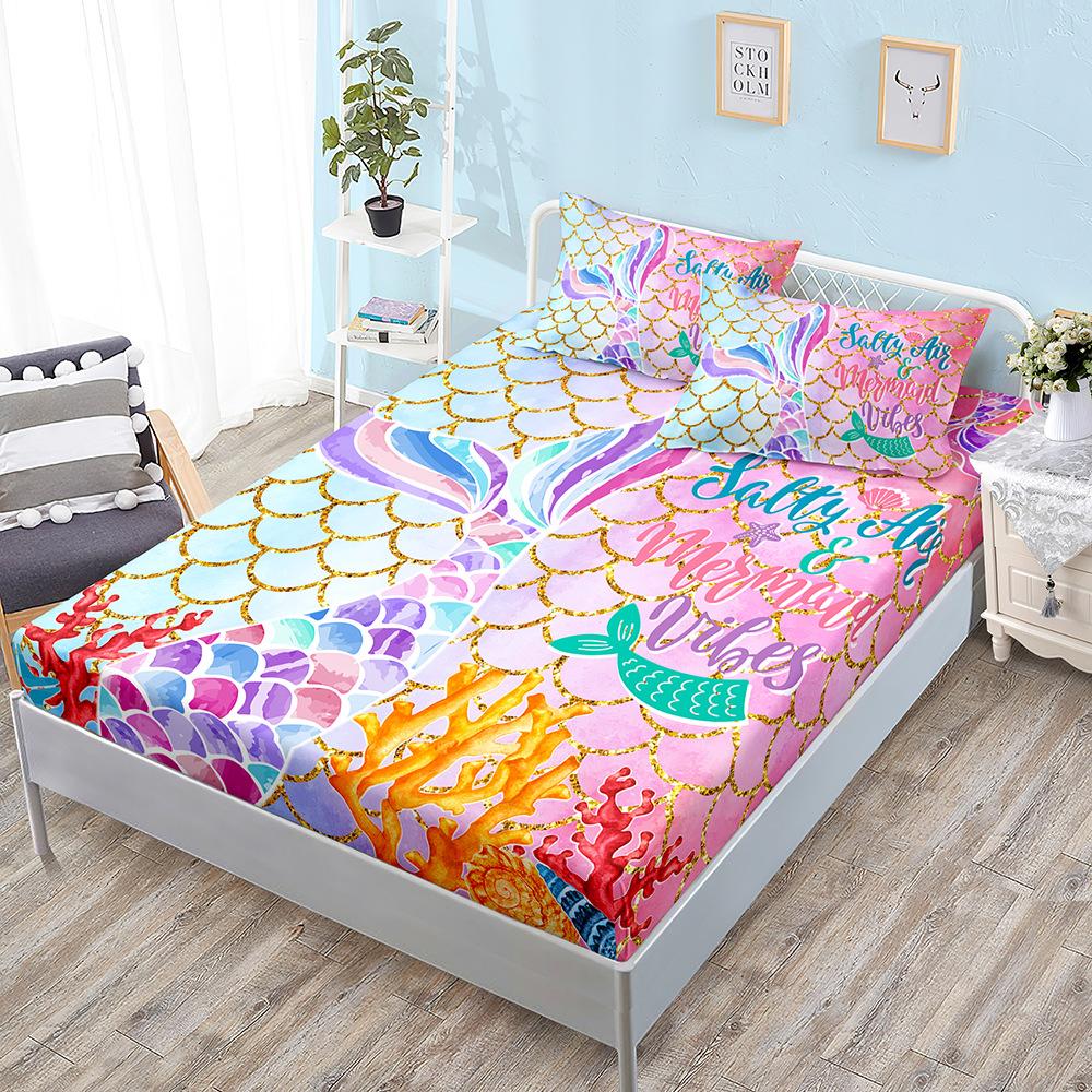 Gradual Change Color Mermaid Mattress Kit Three-Piece Pillowcase Mattress Cover
