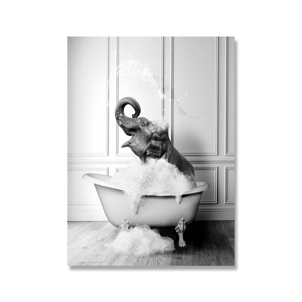 Black White Animals In Tub Canvas Posters and Print Penguin Elephant Zebra Giraffe Wall Art Painting Pictures For Bathroom Decor No Frame