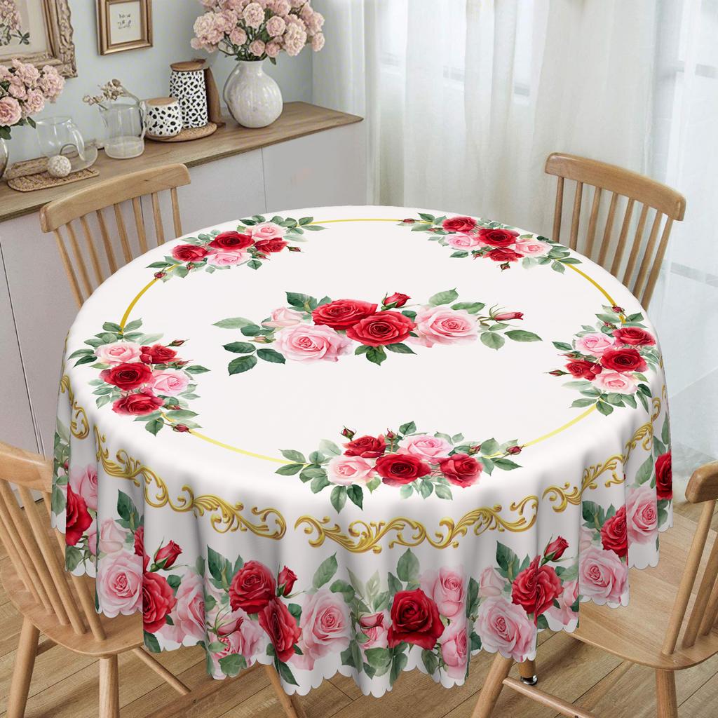 Pastoral Pink Roses, Round Tablecloth With Gold Border, Romantic Household Table Cloth, Dining Room Decoration