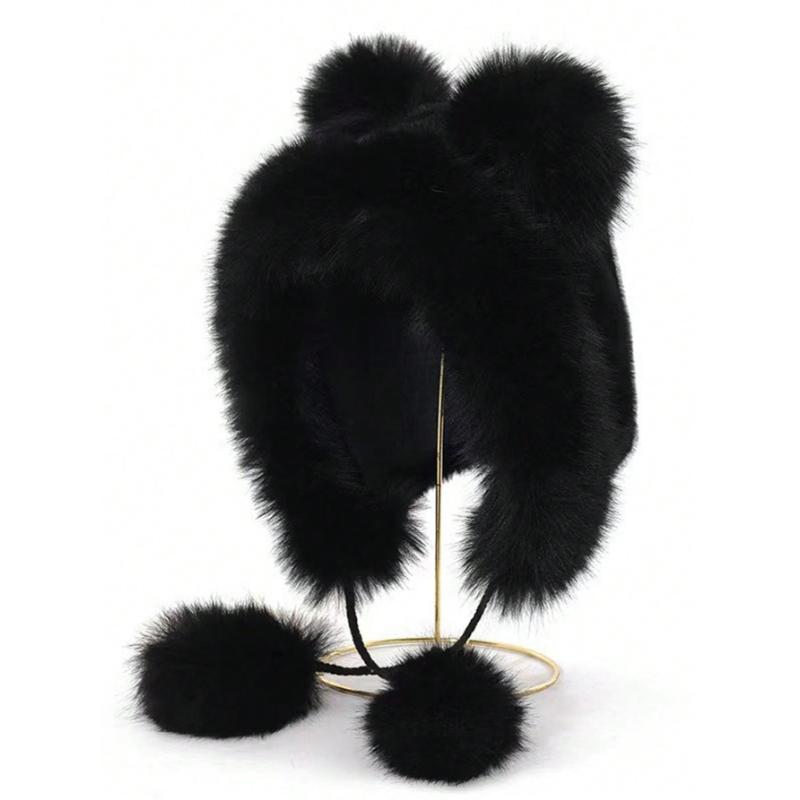 Pălărie găleată pentru damă, cu design drăguț cu ciucuri pufoși tip pompon, cu urechi de pisoi, pălărie Lei Feng, pălărie caldă, casual, drăguță pentru exterior