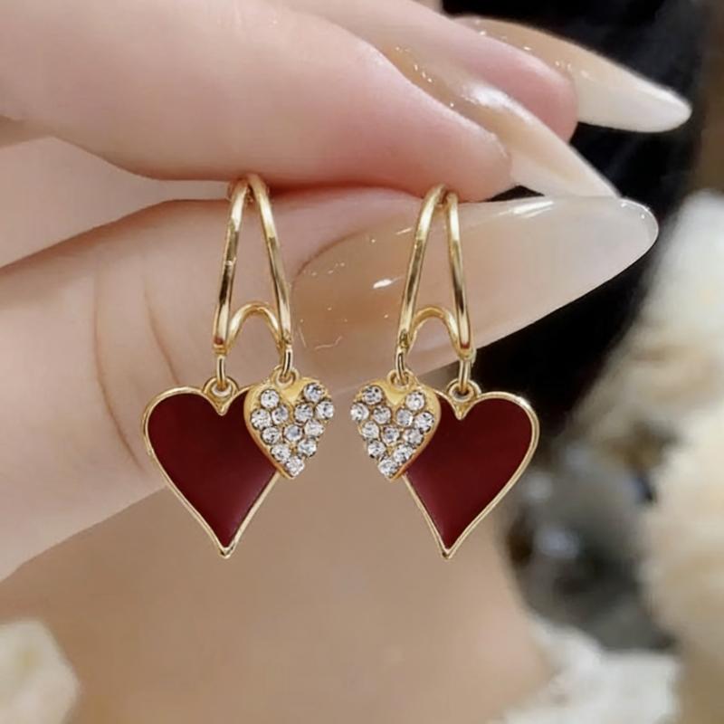 

Double Love Heart Pendants Women s Dangle Earrings Korean Fashion Cute Lovely Wine Red Enamel Hearts Drop Earrings 2026 new