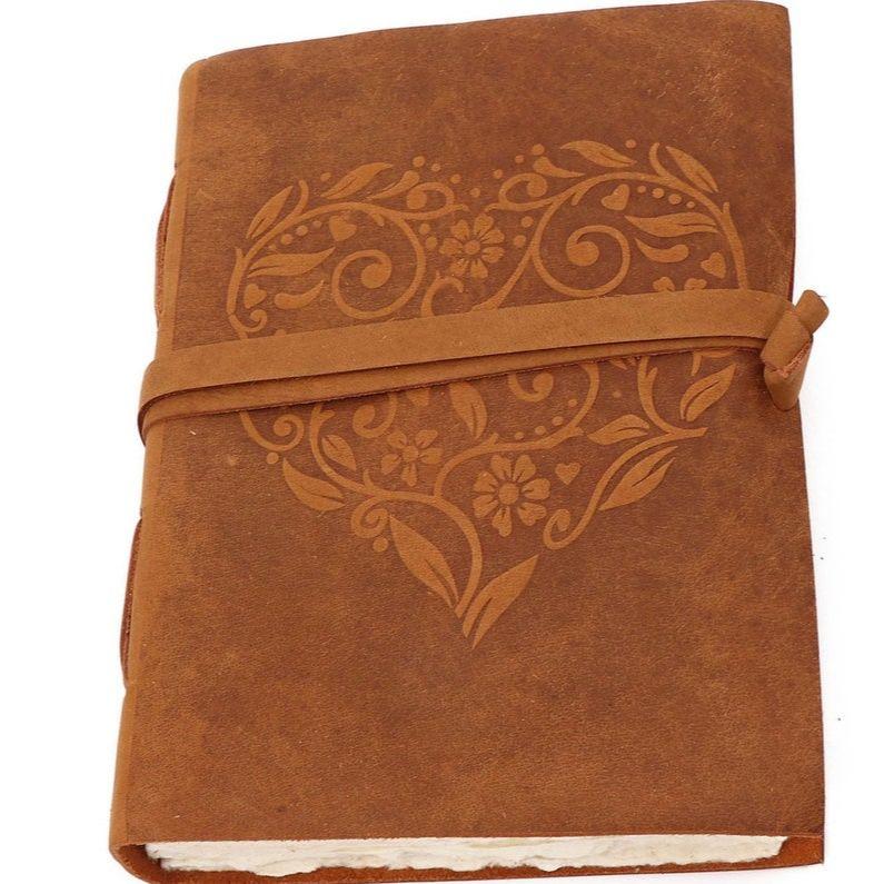 Leather Diary Notebook Deckle Edge Heart Embossed Valentine Design Color Handmade Paper for Men and Women and Gift