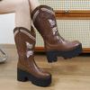 Fashion New Western Embroidered Cuff High Top CowGirl Boots Thick Bottom Waterproof Female Boots Round Toe Mid Heel Pure Color Rubber So