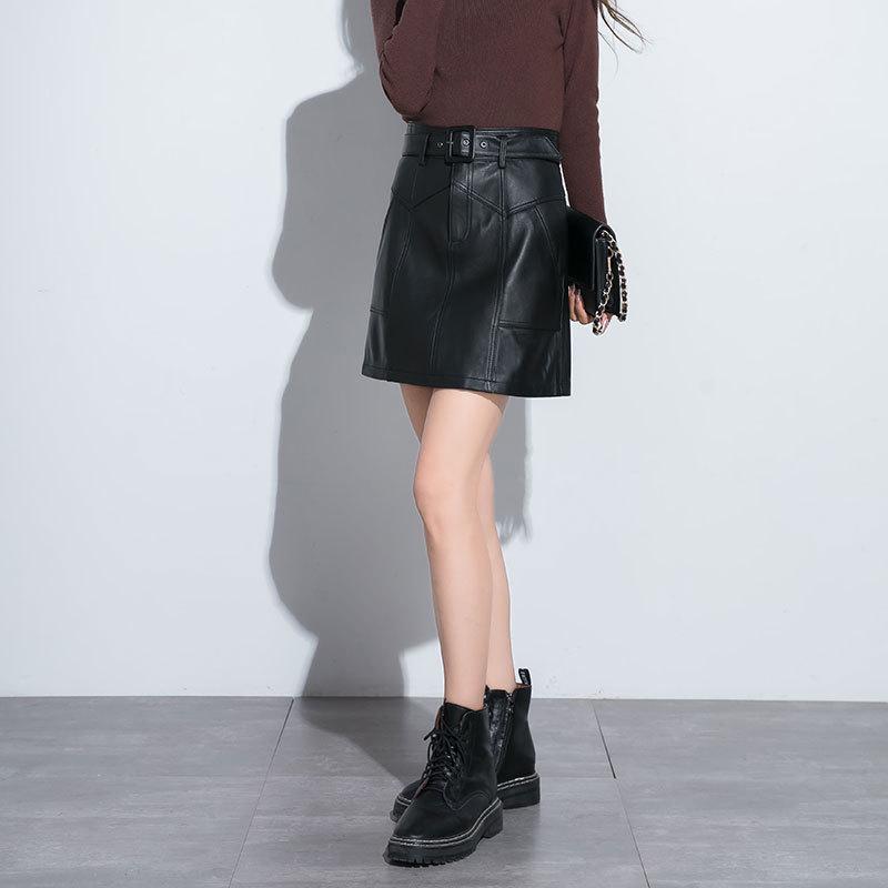 2025 Autumn/Winter Women's Genuine Lambskin A-line High-Waisted Slimming Midi Skirt
