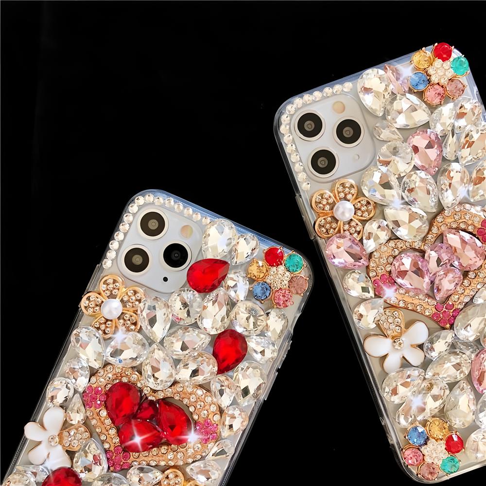 Glitter Rhinestone Phone Case For iPhone 17 16 15 14 13 12 11 Pro Max Air mini 16e 8 7 Plus X XS XR, 3D Crystal Heart Floral Bling Diamond Jewel Cover
