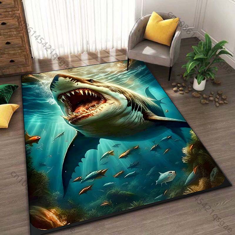 1PC Shark swimming with open mouth Print Carpet Rug for Living Room Bedroom Sofa Doormat Home Decor Non-slip Floor Mat