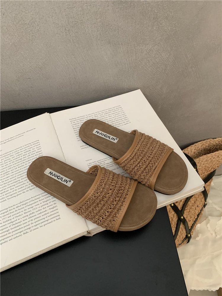Summer Lazy Wind~ Woven Cross-Strap One-Word Slippers Women's 2025 Summer New Vacation Wind Flat-bottomed Cool Slippers