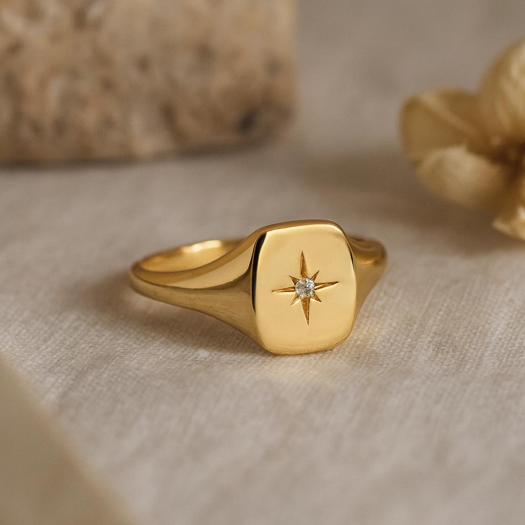 

Свадьба Помолвка Юбилей Обещание Подарок – Кольцо Звезда с бриллиантами с покрытием из желтого золота, Куполообразная дорожка паве, Перстень Северная звезда 10 US розовый