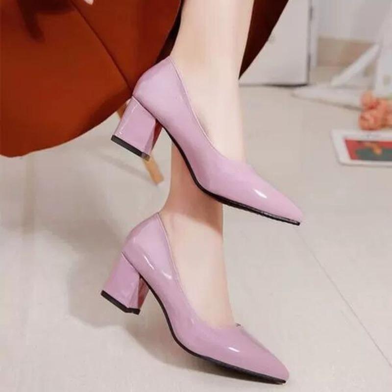 Fashion Patent Leather Block Heel Single Shoes Autumn New Pointed Toe Shallow Mouth Slip Foot Anti-Slip Wear-Resistant High Heels