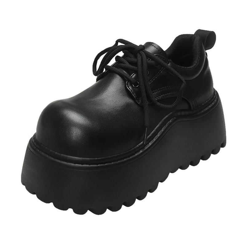 

8CM Spring Women Chunky Leather Sneakers High Platform Female Trainers Wedge Casual Shoes Autumn Lace-up Sports Dad Shoes Woman 35 чёрный
