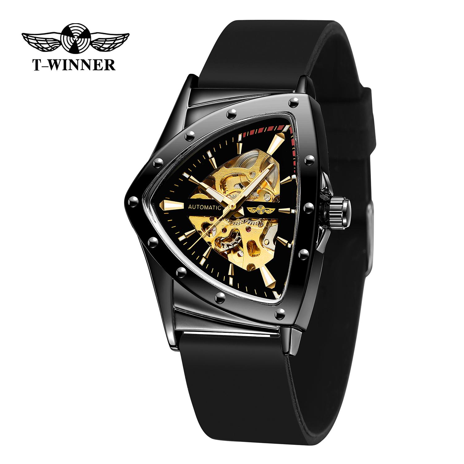 

WINNER Sports Triangle Skeleton Automatic Men Watch Luminous Pointers Fashion Rubber Strap Luxury Military Mechanical Watches чорний/золотий