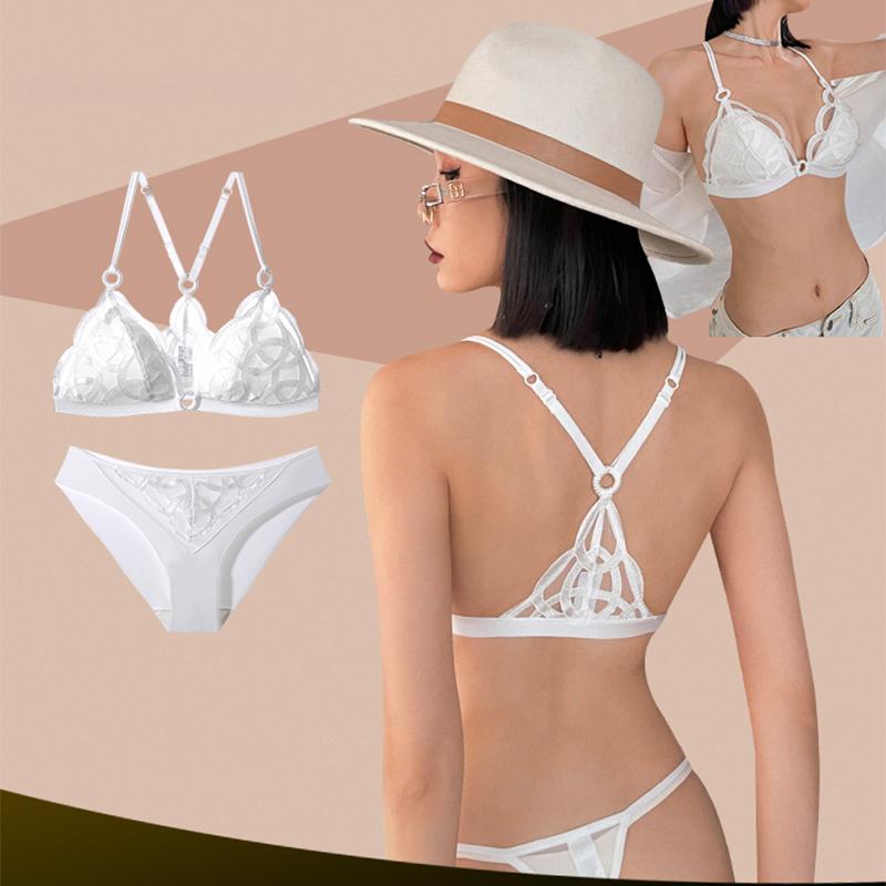 French Sexy Backless Lingerie Lace Ultra Thin Bra Set for Women Summer Triangle Soft Cup Mesh Breathable Brassiere and Thong Set