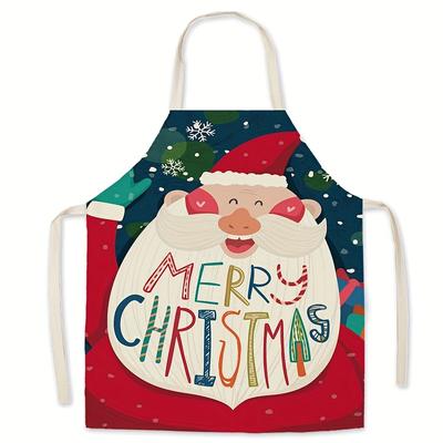 Merry Christmas Apron Set with Santa Snowman Reindeer Print Holiday Kitchen Baking Party Cooking Wear Xmas Gift for Family