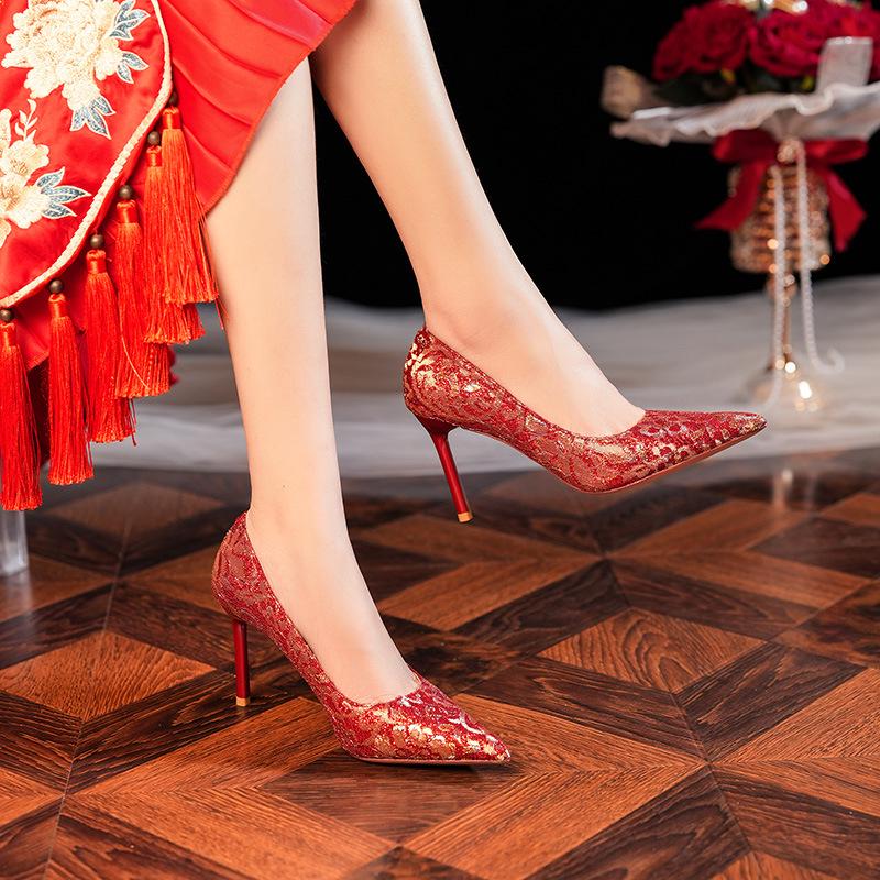 Elegant Red Silk Stiletto Heels with Gold Trim - Ideal for Weddings, Banquets, and Formal Events