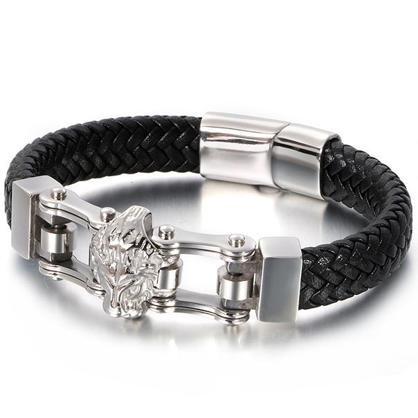 Punk Goth Lion Head Men's Bracelets & Bangles Braided Genuine Leather Man Bracelet Gold Color Stainless Steel Bike Chain Jewelry