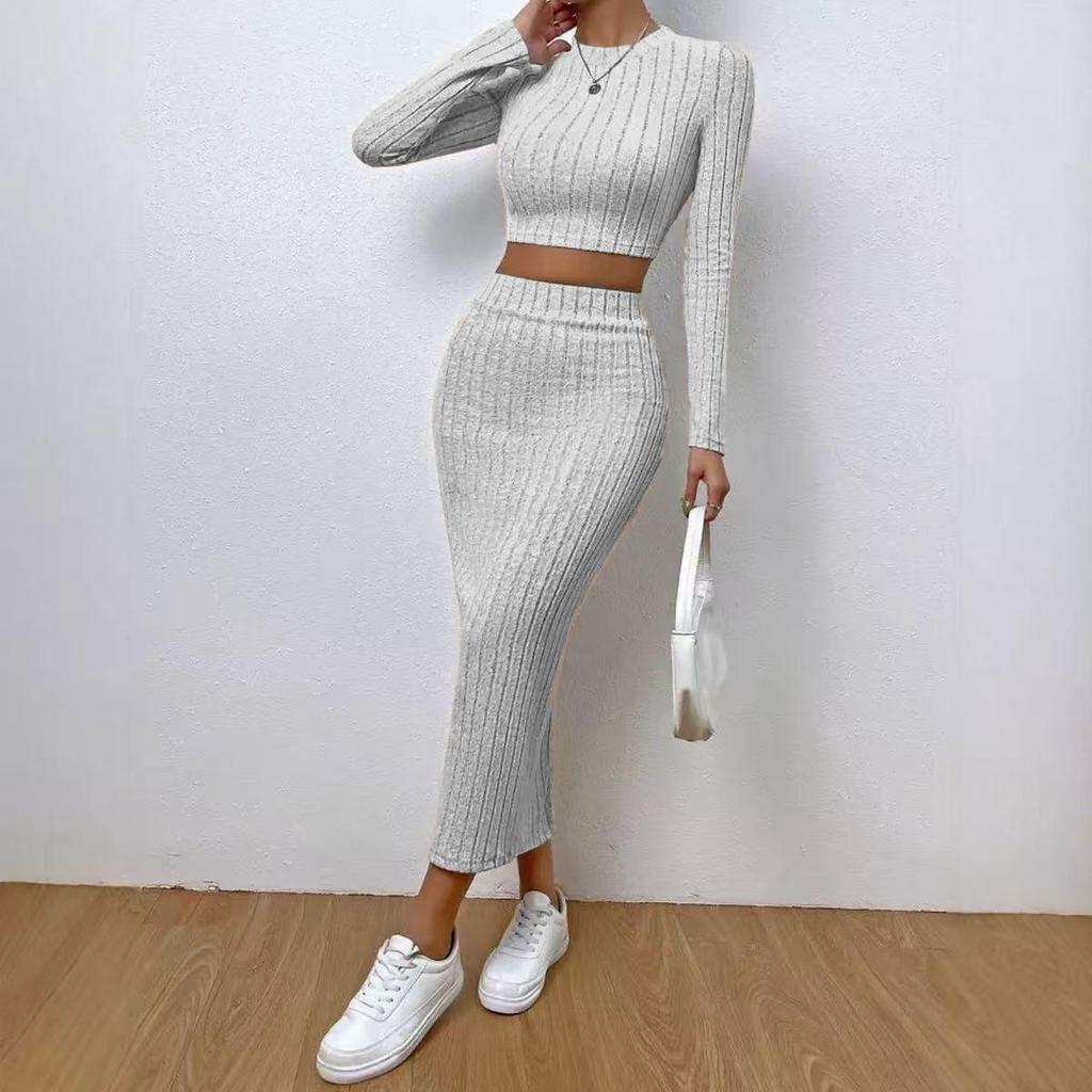 Žebrovaný pletený sladěný set Dámský crop top s dlouhým rukávem a úzká pouzdrová sukně s vysokým pasem