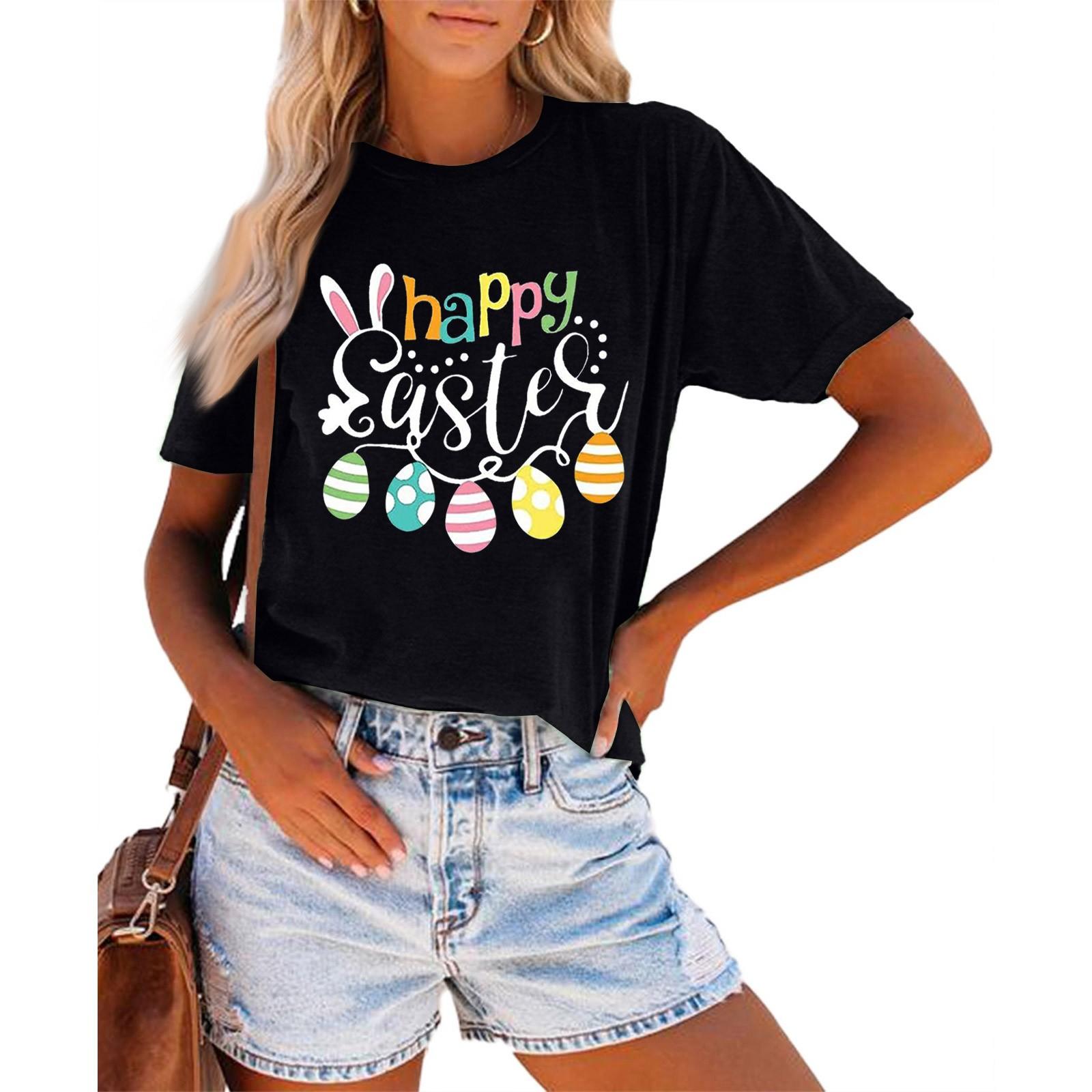 

Жіноча модна повсякденна літня зручна блузка з круглим вирізом і коротким рукавом з принтом L чорний