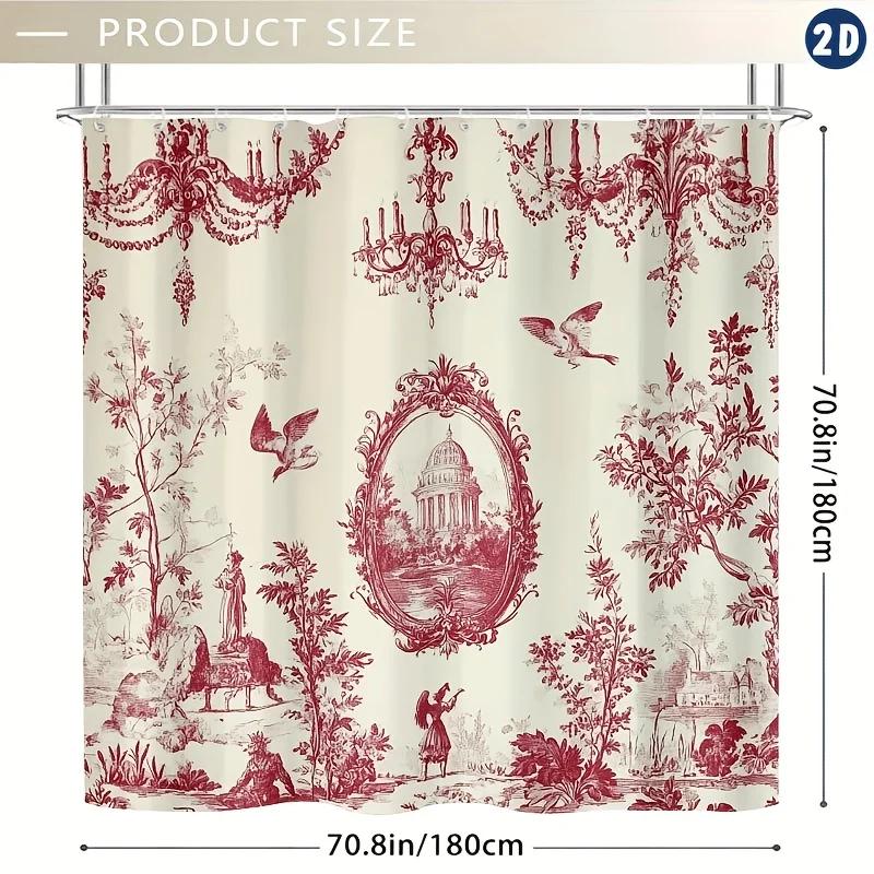 Elegant French Toile De Jouy Shower Curtain, Red Floral Chandeliers & Birds Design, Easy Clean For Bathroom Or Window Decor